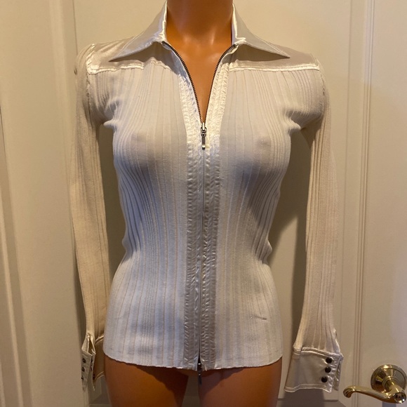 CAbi Sweaters - CAbi The Executive Silk Satin Dove Ivory Zip Cardigan Sweater XS Extra Small NWT